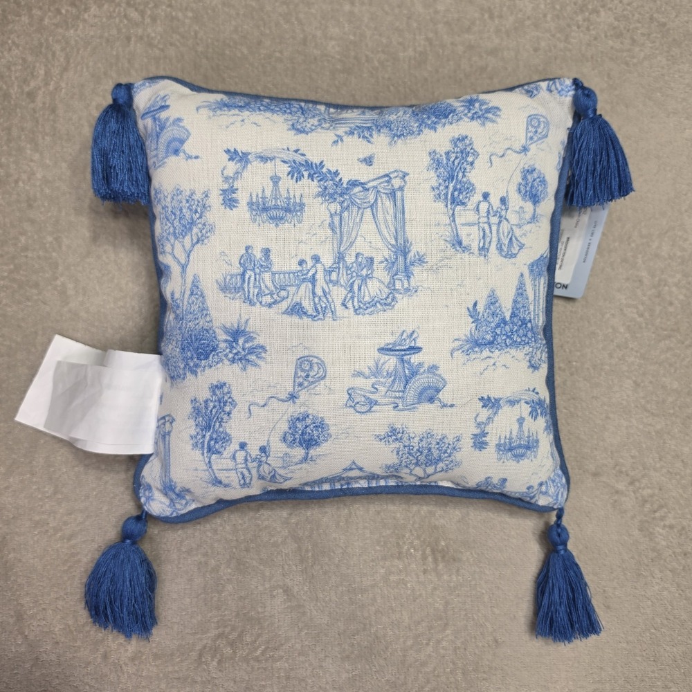 Bridgerton Toile Throw Pillow Blue White Garden Tassel Cushion 10" x 10" Dating - Picture 11 of 16